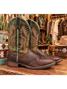 Laredo 7887 Men’s Cowboy Boots Size 8.5 Brown Green Leather Western Embroidered
